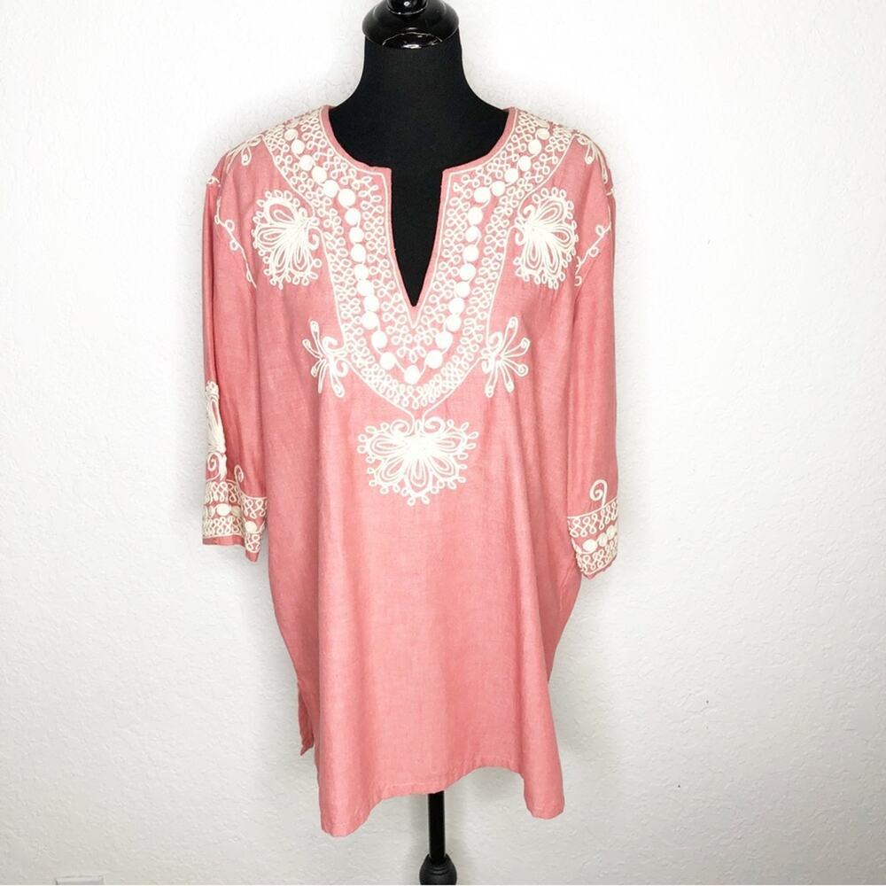 Calypso St Barth red faded chambray cream embroidered‎ tunic top size Large